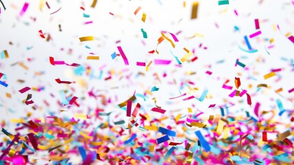 Fototapeta premium Flying colorful confetti in the air on the white background. Concept of happy birthday, party and holidays isolated on a white background