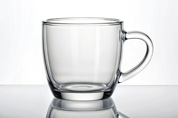 Modern clear glass coffee mug with a minimalist handle and a rounded body shape, modern, tableware
