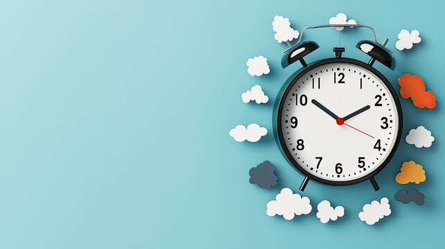 A whimsical clock surrounded by clouds on a pastel background, symbolizing the passage of time and the changeable nature of weather.