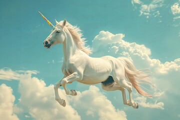 Obraz premium a white hanoverian horse with a rainbow colored skin running in mystical clouds background