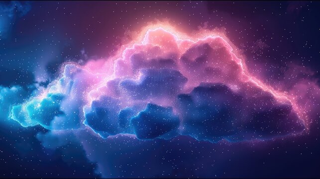 Secured hybrid multi-cloud software network, dark teal and purple. Digital cloud icon, storage and cyber security concept.