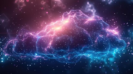 Secured hybrid multi-cloud software network, dark teal and purple. Digital cloud icon, storage and cyber security concept.