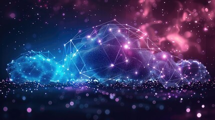 Secured hybrid multi-cloud software network, dark teal and purple. Digital cloud icon, storage and cyber security concept.