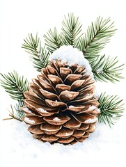 Fototapeta premium Snow-covered pine cone with evergreen branches