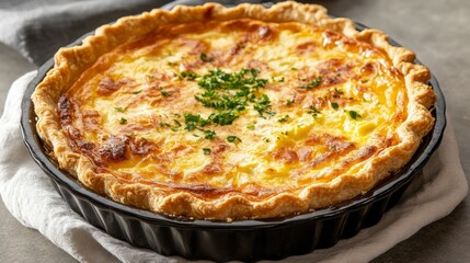 A gourmet quiche with a flaky crust and a rich filling of eggs and cheese