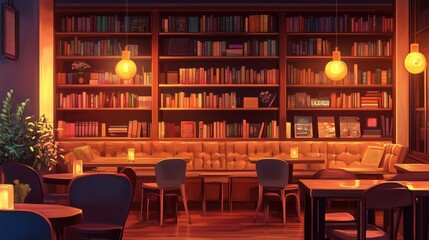 Cozy library interior with warm lighting, bookshelves, and seating area