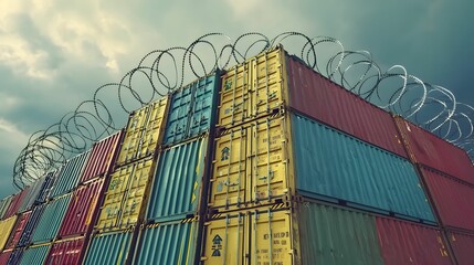 Fototapeta premium Stacked shipping containers topped with barbed wire against a cloudy sky, symbolizing security, restricted access, and industrial shipping zones.
