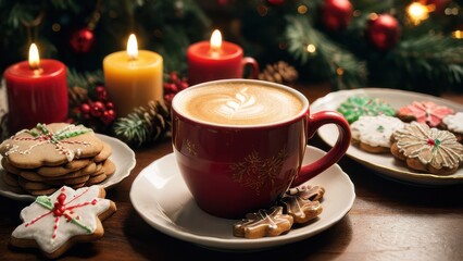 Fototapeta premium A cozy winter scene featuring a cup of coffee with latte art, surrounded by festive cookies and candles, perfect for holiday vibes and seasonal warmth