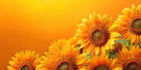 Obraz premium Vibrant orange background with a cluster of bright yellow sunflowers, oranges, blooms