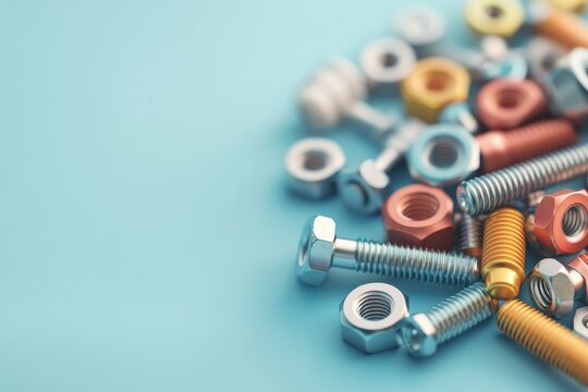 A colorful assortment of metallic bolts, nuts, and screws scattered across a light blue background, showcasing various sizes and types for mechanical applications.