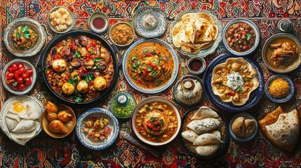 Charming scene of a table set with dishes, surrounded by patterned textiles, celebrating the fusion of food and traditional design.