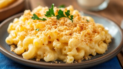 A plate of delicious and creamy macaroni and cheese topped with breadcrumbs.