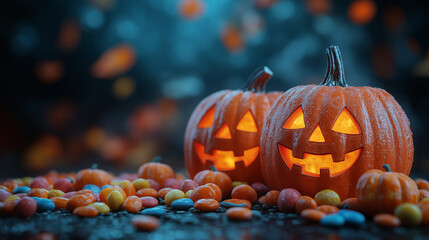 Fototapeta premium Halloween banner with copy space, Jack-o'-lanterns, pumpkins, autumn theme, candies, trick-or-treat