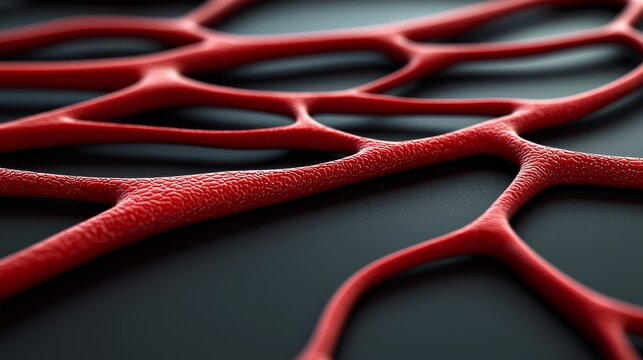 Close-up of interconnected red structures resembling veins or cells against a dark background, highlighting texture and continuity.