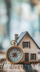 Naklejka premium A compass placed next to a small house model symbolizes direction, guidance, and home, creating a warm, inviting atmosphere of exploration and comfort
