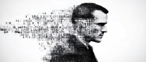 An artistic representation illustrating the integration of humans and artificial intelligence through a digital binary landscape