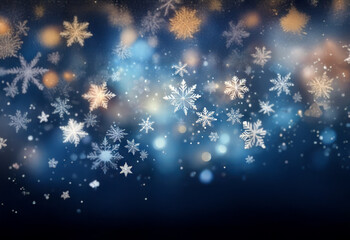 A dark blue background with a delicate snowfall of snowflakes and blurred lights.