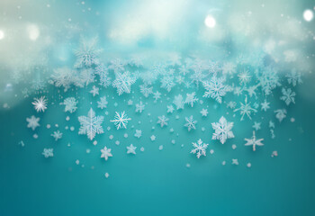 A soft blue background with an array of delicate snowflakes falling from the top, creating a serene winter wonderland scene.