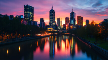 Fototapeta premium A high-contrast city skyline at dusk reflects vibrant colors in the water, showcasing modern architecture against a stunning twilight sky