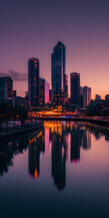 Fototapeta premium A high-contrast city skyline at dusk reflects vibrant colors in the water, showcasing modern architecture and the serene beauty of urban life