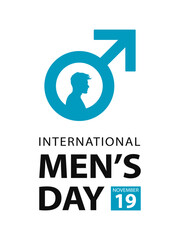 International Men's Day, vector design for banner, poster, sign or greeting card. Text International Men's Day, 19 november and blue male sign isolated on white background.