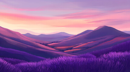Naklejka premium Rolling hills stretch across the horizon, adorned with vibrant lavender fields under a soft pastel sunset sky