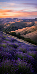 Rolling hills are covered in vibrant lavender fields under a stunning sunset sky showcasing purple hues and gentle curves of nature&rsquo;s landscape