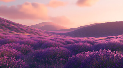 Rolling hills are covered in vibrant lavender fields, creating a tranquil landscape under soft pastel skies at sunset