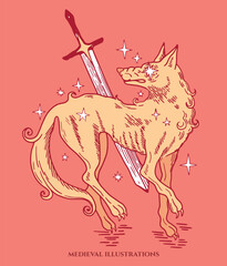 medieval style fantasy illustration, cosmic wolf with sword, tattoo design	