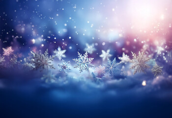 A magical winter scene with falling snowflakes and a glowing sun in the distance.