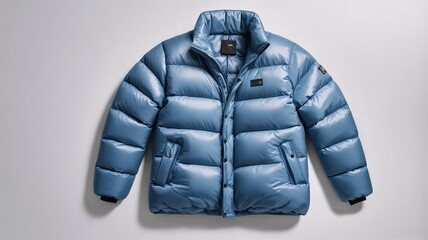 Stylish blue puffer jacket displayed on a light background for promotional fashion purposes