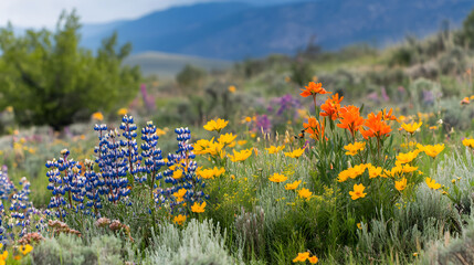 Obraz premium A vibrant meadow in spring filled with various colorful wildflowers, showcasing a mix of blue, orange, and yellow blooms against a lush green backdrop