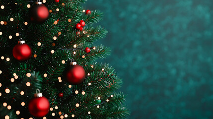 Festive elegance a close-up of a beautifully decorated christmas tree with red ornaments and glowing lights