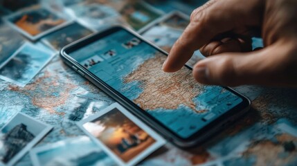 Naklejka premium Close-up of a hand scrolling through photos on a phone, surrounded by scattered postcards and travel mementos.