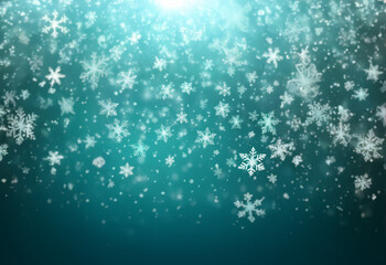 A teal background with a bright white light at the top, falling white snowflakes of various sizes create a snowy effect.