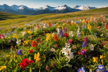 Obraz premium Flowery meadows are on the expansive hills during the light hours of the evening. Ai generated.