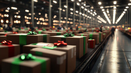 A vibrant warehouse filled with holiday packages, with green and red ribbons decorating the parcels, while employees work tirelessly to ensure every box is sorted and sent on time.