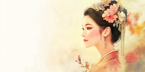 Fototapeta premium Elegant floral portrait of woman in traditional attire - digital art style