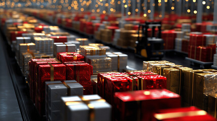 Obraz premium Holiday parcels in red, gold, and silver wrapping stacked in a large distribution center, forklifts moving swiftly between aisles as the peak season in logistics reaches its height