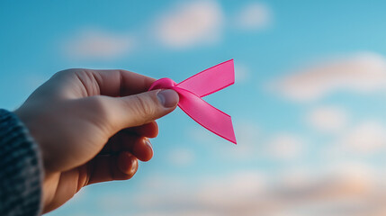 A caring hand holding a vibrant pink ribbon, with the background softly blurred to provide space for words of encouragement and support for cancer awareness.