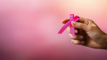 A gentle hand holding a bright pink ribbon with care, set against a muted backdrop with plenty of copy space, ideal for a message of hope and encouragement for cancer awareness.