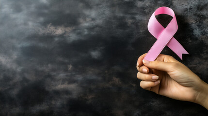 A compassionate hand holding a perfectly tied pink cancer ribbon, set against a soft and spacious background, symbolizing support and creating room for a message of hope.