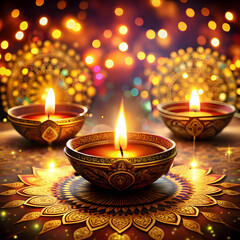 The most famous symbol of Diwali, a lit diya, glowing against a warm