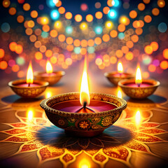 The most famous symbol of Diwali, a lit diya, glowing against a warm