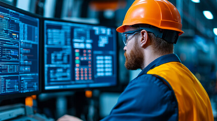 Engineer analyzing data in a high-tech industrial environment with focus on safety and efficiency