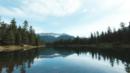 Obraz premium Serene lake surrounded by lush pine trees and distant mountains under a blue sky.