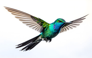 Obraz premium A bird is flying on a white background, showing colorful feathers and delicate wings.