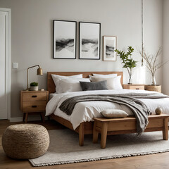 Cozy Scandinavian Style Bedroom With Natural Wood Furniture And Minimalist Deco Wall Art Interior Design Decoration