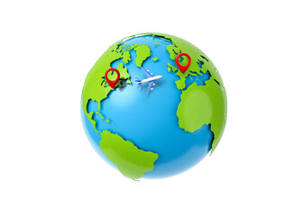 Plane flying around planet Earth. Travel concept.The concept of delivery of goods.  3d illustration.