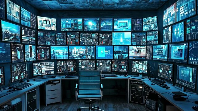 A modern office space with dozens of monitors displaying data and information, a chair sits in the center of the room